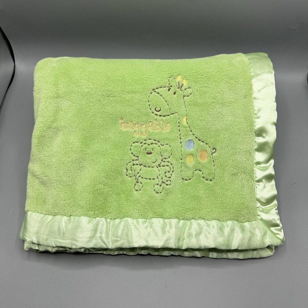 Gerber Baby Blanket Green "Huggable" Monkey Satin Trim 30" x 40"